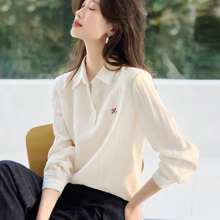气质百搭舒适刺绣长袖休闲衬衫女时尚春秋新款基础经典通勤衬衫