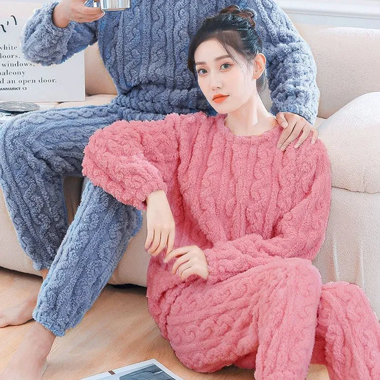 珊瑚绒秋冬睡衣女圆领套装秋冬季2025新款加绒家居服两件套