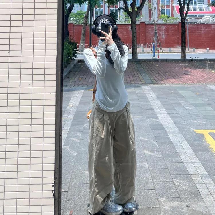 韩系慵懒风防晒长袖T恤女夏季V领修身显瘦上衣阔腿休闲裤两件套