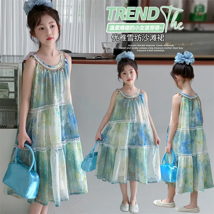 女童夏季连衣裙2025新款儿童夏装洋气波西米亚度假风无袖公主裙子