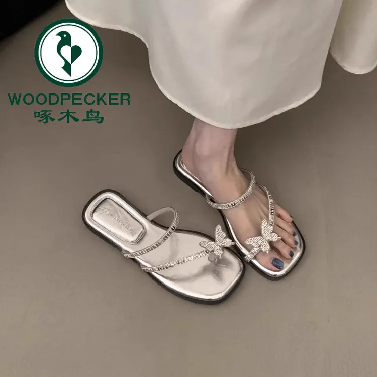 啄木鸟法式水钻晚晚风套趾拖鞋女夏2025新款绝美配裙度假罗马凉拖