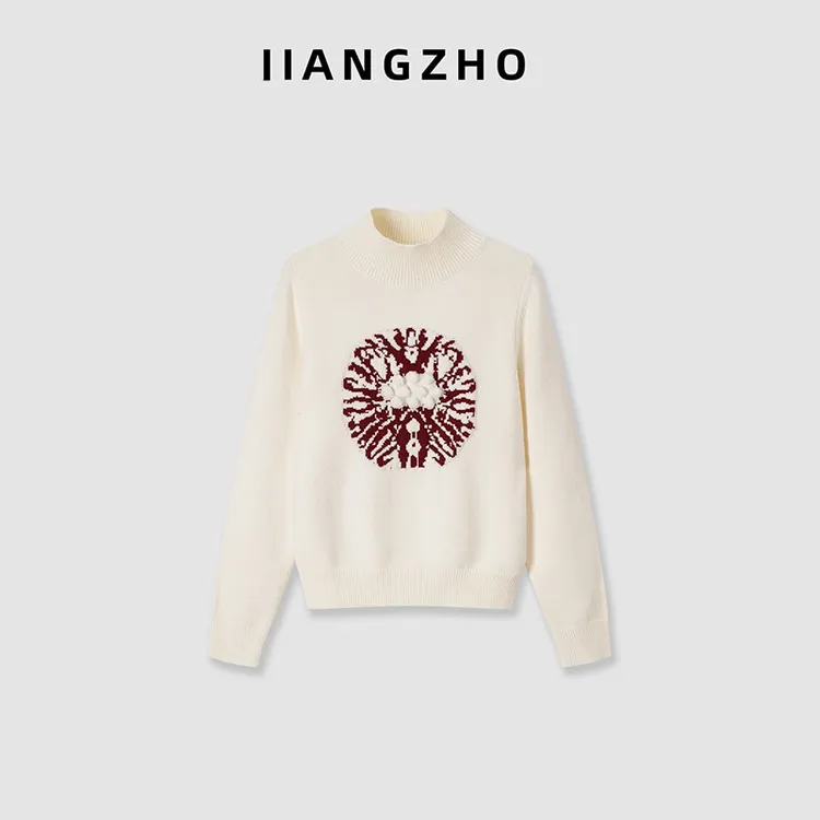 秋冬新款洋气时尚高级感复古撞色提花毛衣女半高领针织衫上衣