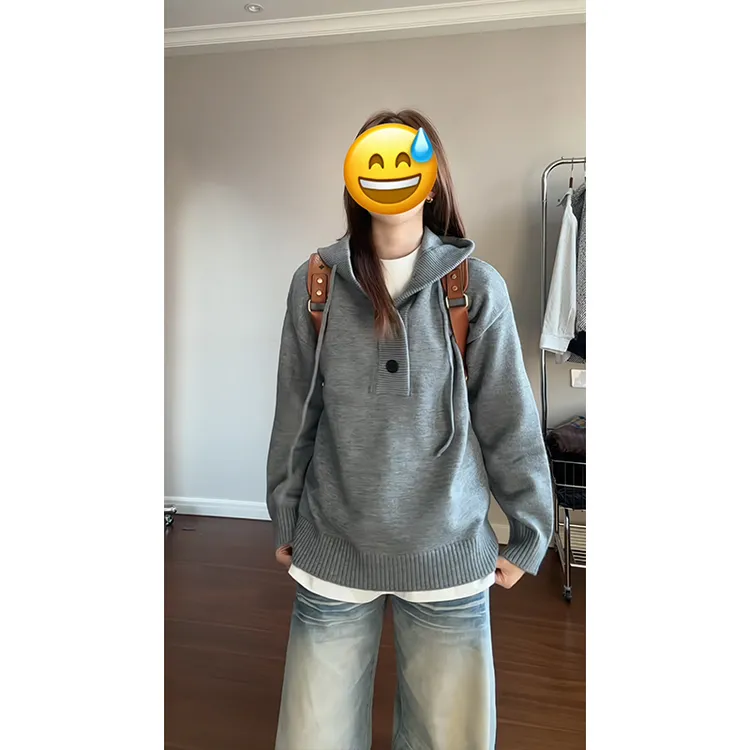 cleanfit美式慵懒风连帽V领毛衣男秋季重磅高级感外套情侣针织衫