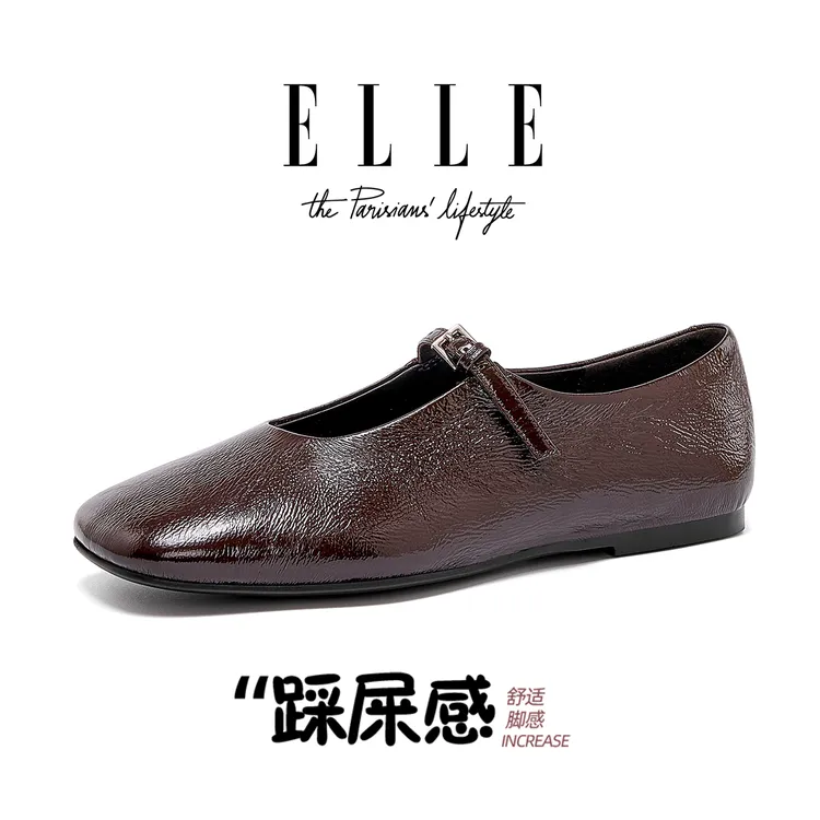 ELLE复古小方头玛丽珍鞋女2025秋季新款褶皱羊皮平底浅口通勤单鞋