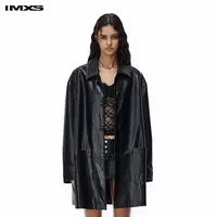 IMXS翻领长款外套设计高级感炸街复古黑色PU皮衣外套女宽松港风