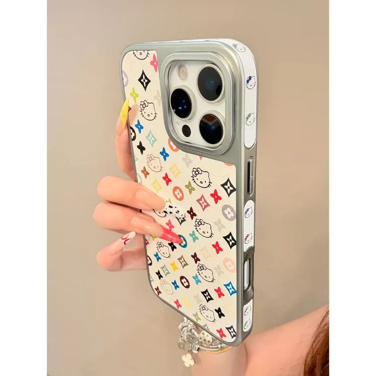 轻奢老花KT侧贴图案四包金属漆壳适用于苹果17/16/15/14保护壳