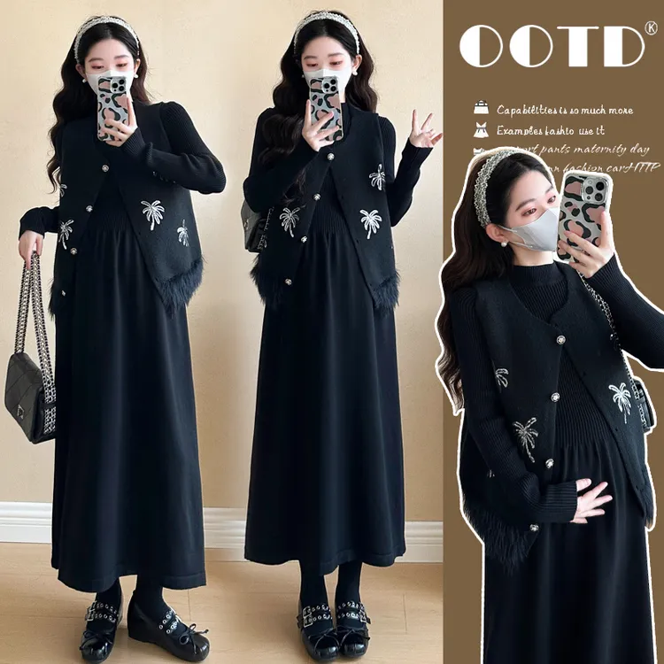 【小麦】2025秋冬新款网红时尚重工钉片烟花气质显瘦套装孕妇连衣裙