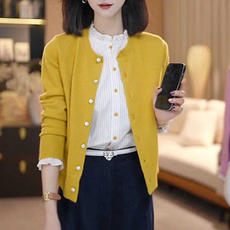 温柔风假两件立领长袖针织开衫女2025春秋新款修身显瘦打底衫上衣