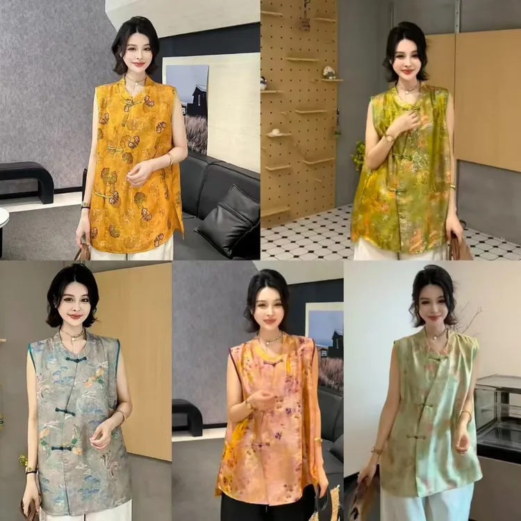 上新价~深圳2762新中式国风旗袍坎肩珠光琉璃浮光锦上衣大码女装