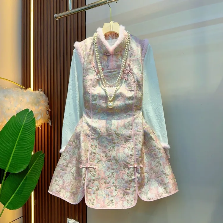 2025时尚新中式碎花气质显瘦盘扣刺绣复古国风两件套2631