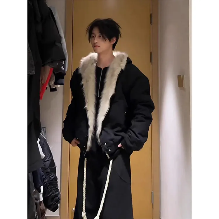 座山雕毛领连帽棉服男款冬季高级感加厚保暖棉衣街头痞帅棉袄外套