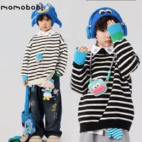 momobobi自制儿童毛衣韩版个性撞色拼接条纹百搭宽松打底针织衫潮