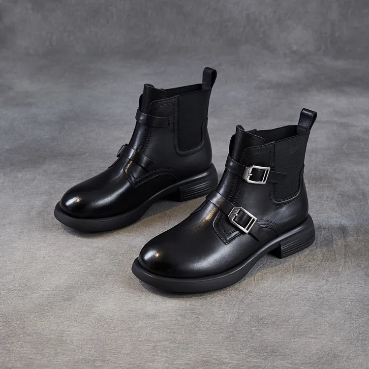 时尚个性切尔西短靴女平底2025新款秋马丁靴防滑真皮英伦皮鞋高帮