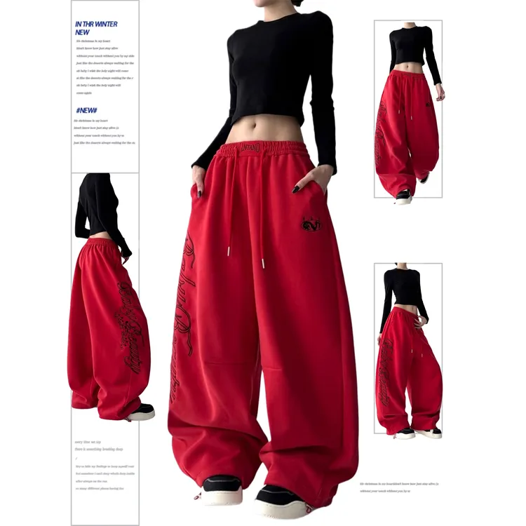 圣诞红加绒秋冬新款复古字母刺绣长裤男女宽松休闲裤卫裤棉裤