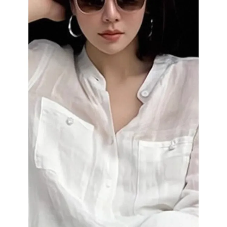 松弛感白色长袖亚麻衬衫女夏法式慵懒老钱风圆领单排扣立领防晒衣