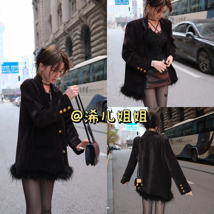 （浠儿家）高级感轻奢雪尼尔西装外套气质名媛毛毛拼接宽松西服
