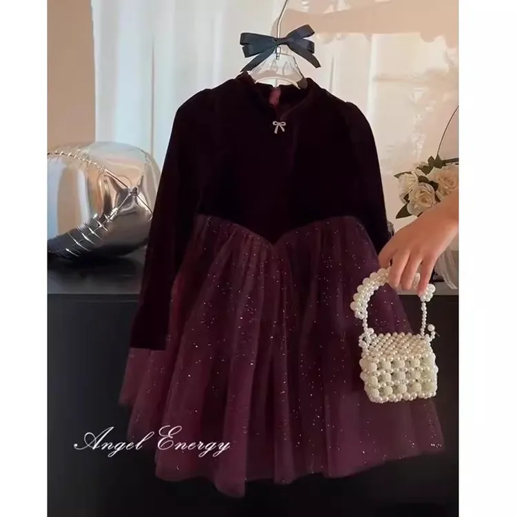 女童拼接连衣裙2024秋冬款小女孩加绒加厚公主裙网纱新年服蛋糕裙