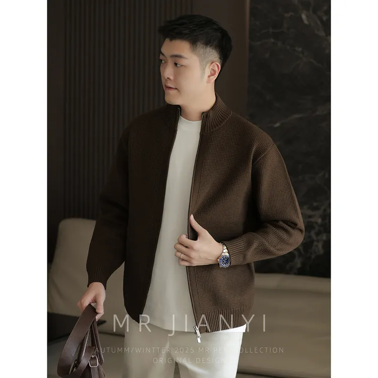 MR JIANYI 秋季重工华夫格提花双拉链半高领针织开衫毛衣外套男装