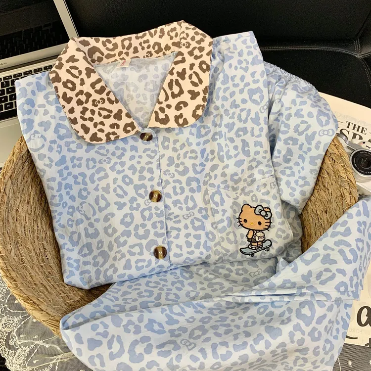 【长袖蓝豹纹KT猫】春秋长袖长裤云朵绵甜酷豹纹睡衣少女套装家居服
