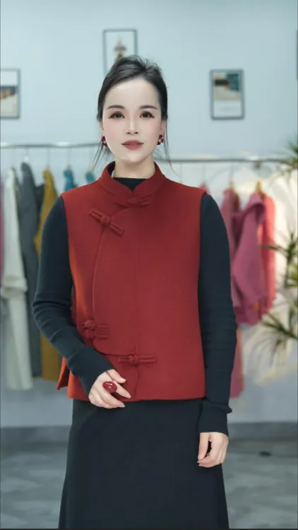 100羊毛新中式国风盘扣设计新年马甲秋冬双面手工大衣女装外套