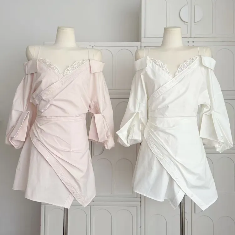 你的懒懒llan樱岛晴日氛围感性感小心机露肩刺绣衬衫裙连衣裙