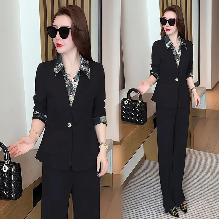 2025春秋新款假两件时尚套装女polo领长袖西装外套气质穿搭一整套