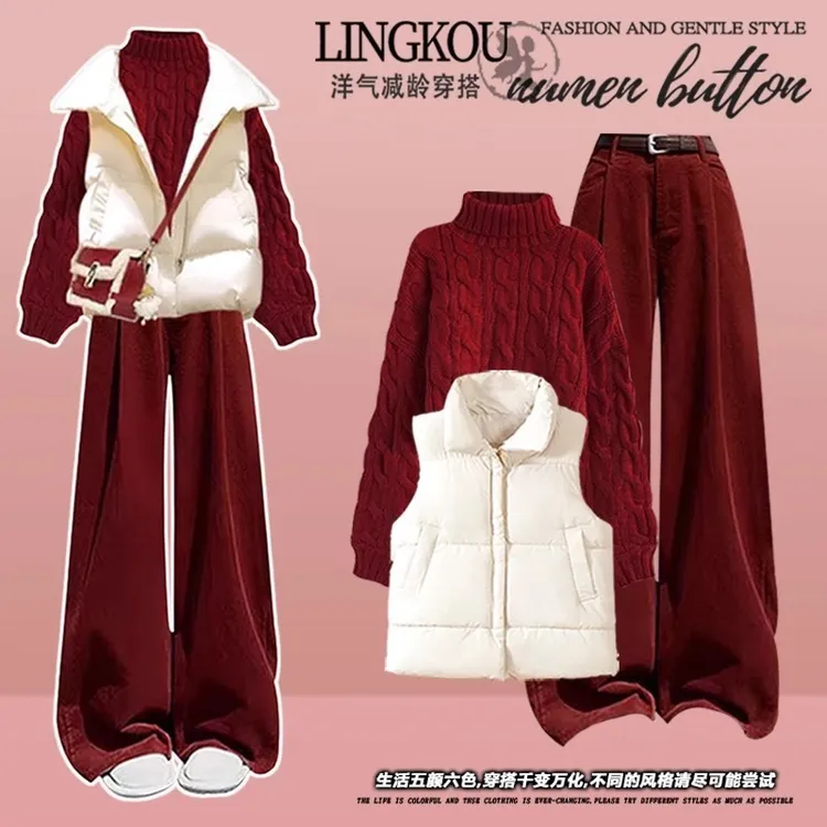 2025冬季高级感套装女新年红色针织毛衣棉服马甲外套休闲裤三件套