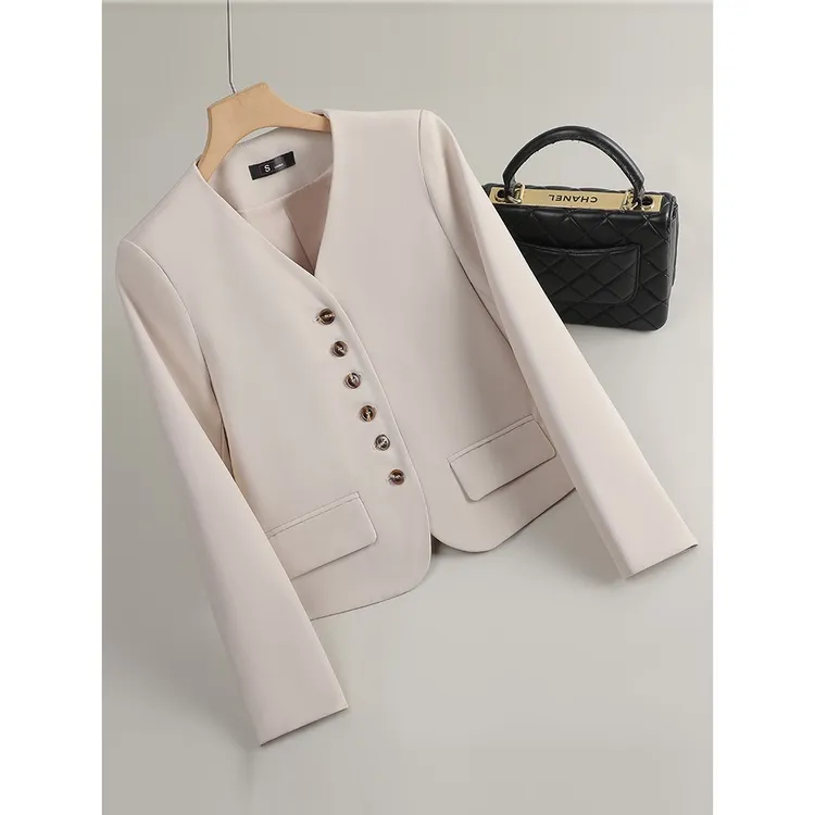 杏色无领小西装外套女士短款小个子V领气质设计感高级感西服上衣