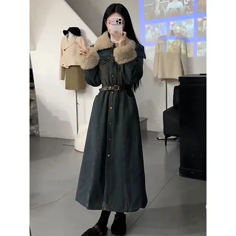 早秋新款女装加厚连衣裙女秋冬长款感气质牛仔收腰显瘦修身百搭大