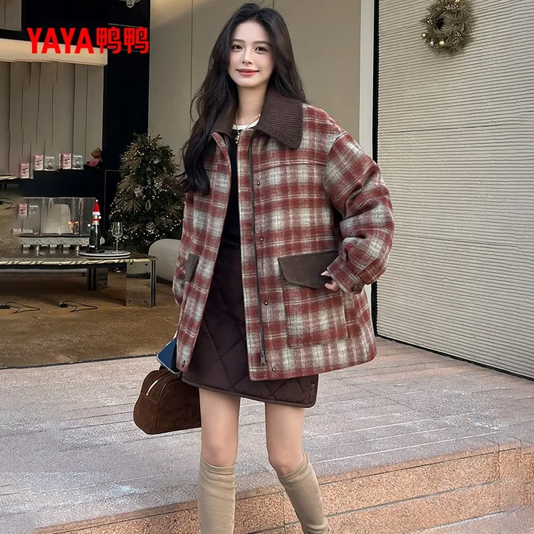 YAYA/鸭鸭女中长款冬季时尚韩版格纹设计感外套羽绒服YE4B622531D