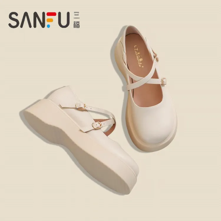 三福厚底玛丽珍鞋女2025春季新款温柔小众舒适单鞋白色增高小皮鞋