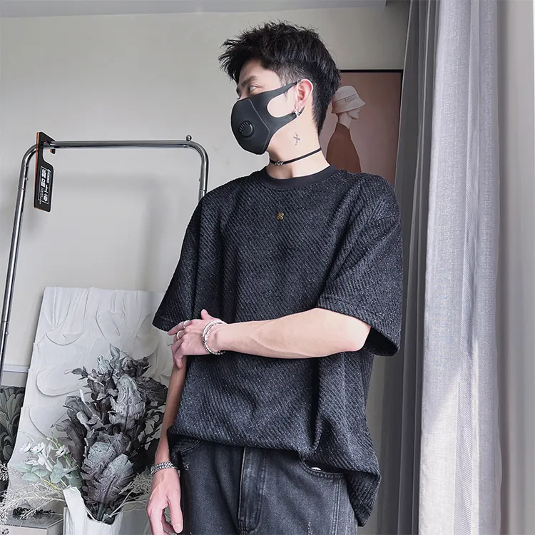 拼接条纹短袖T恤男夏季痞帅小香风宽松上衣2025新款潮流休闲半袖