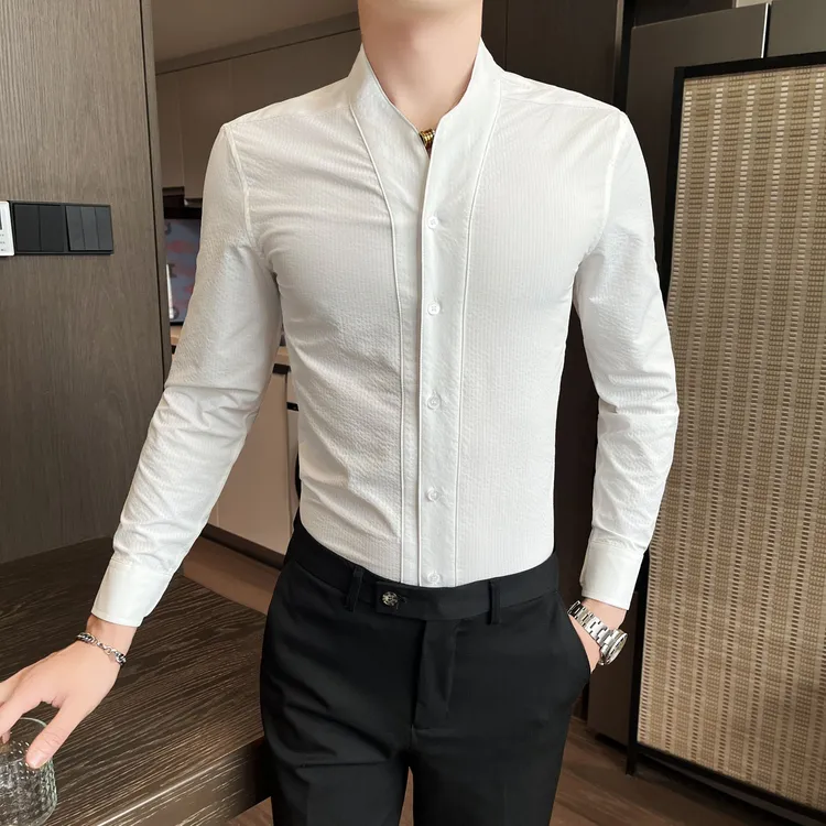 高级感华夫格V领长袖衬衫男装潮流痞帅2025新款爆款休闲商务衬衣