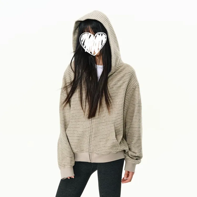 条纹连帽拉链外套女2025新款秋小众设计感休闲宽松美式开衫卫衣N