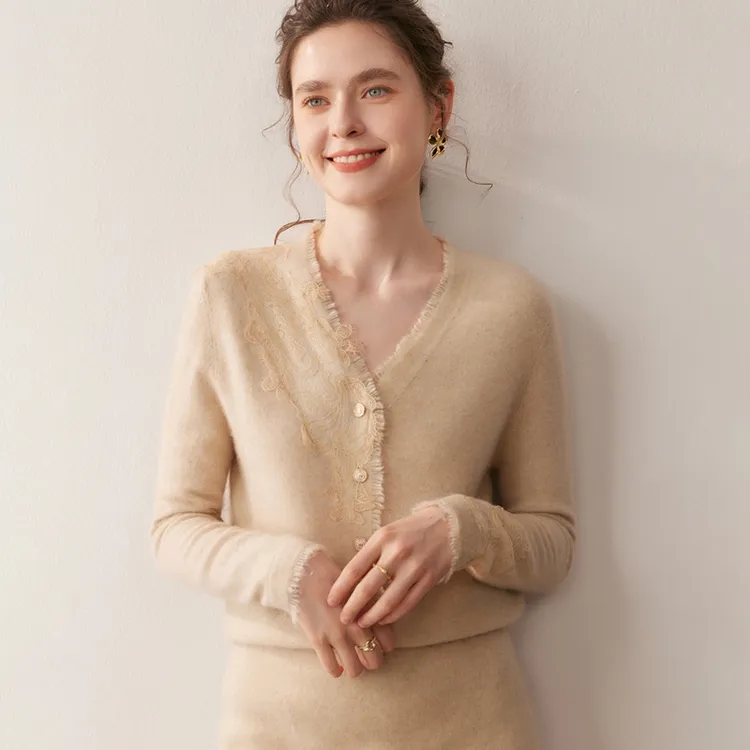 轻盈如羽！山羊绒开衫提花蕾丝V领仙女风上衣宽松针织外套长袖5232