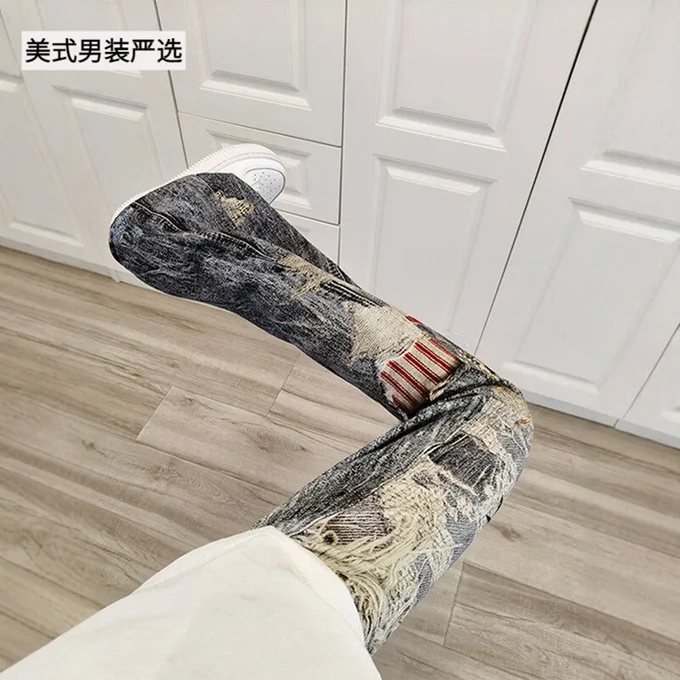 3D印花牛仔裤男夏薄款修身显瘦裤子美式高街设计感不贴腿微喇裤