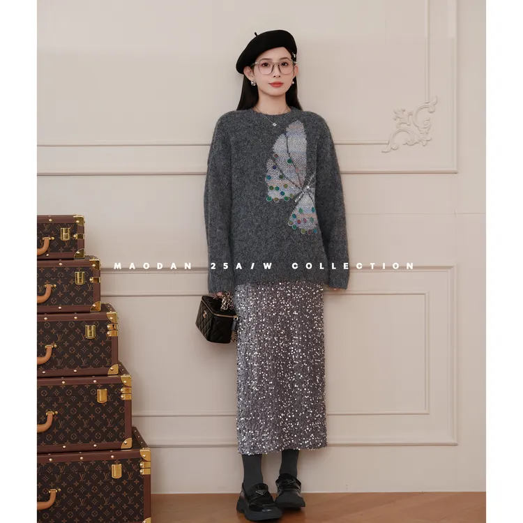 maodan/猫单【卡曼蝴蝶】【羊毛】孕妇装冬季新品时尚休闲毛衣裙子