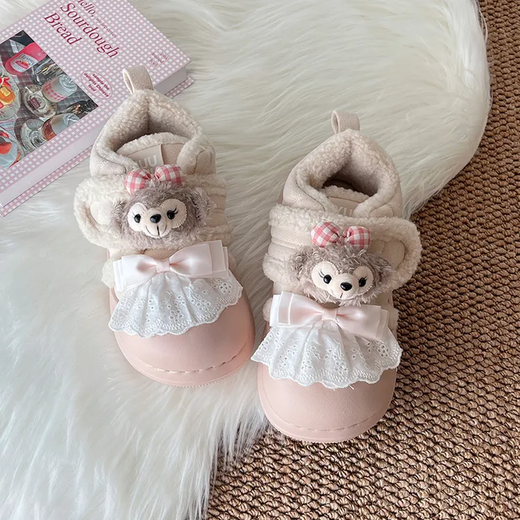 可爱卡通加绒加厚棉鞋女款2024冬季新款外穿保暖厚底一脚蹬雪地靴