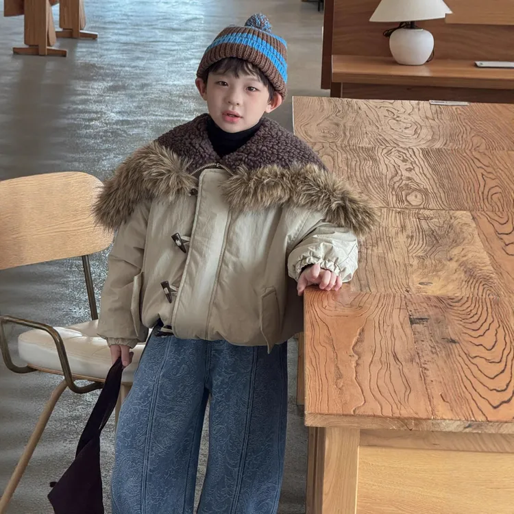 柠檬妈25秋冬新品韩国童装中小童男童加厚大毛领两穿棉服派克外套
