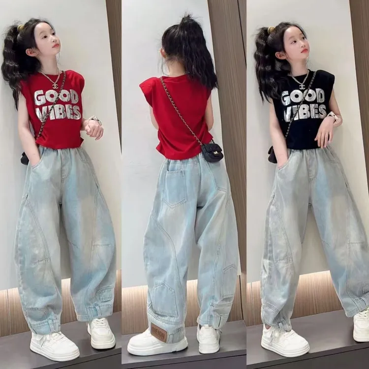 女童夏季套装2025新款中大童韩版无袖T恤小女孩潮酷牛仔裤两件套