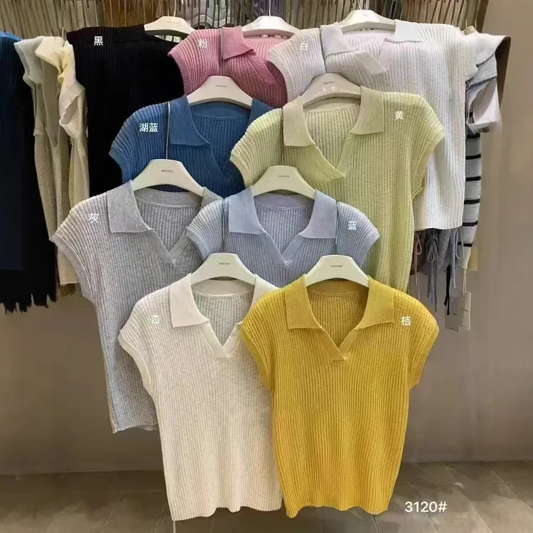 新品韩系翻领针织短袖恤夏季薄款正肩衫独特漂亮纱衣上衣薄款