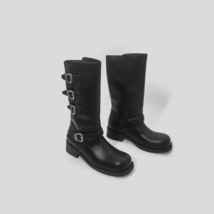 林向晚韩系街头~ 黑色长靴女不过膝女厚底骑士靴金属皮带扣机车靴