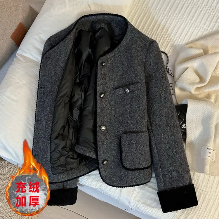 【当天发+运费险】深灰色小香风充绒加厚呢子外套高级气质短款YH733