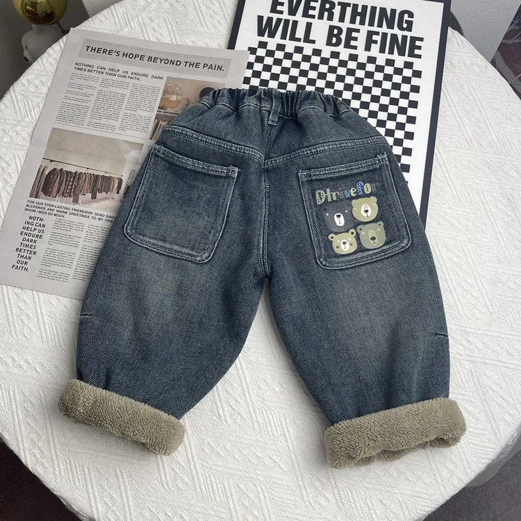 男童加厚羊羔绒牛仔裤新款儿童一体绒韩版休闲中小童加绒保暖裤潮