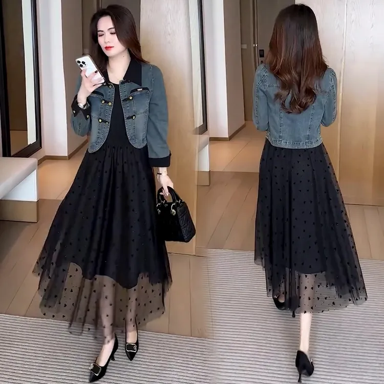 时尚套装女2025春季新款洋气质百搭牛仔外套显瘦网纱连衣裙两件套