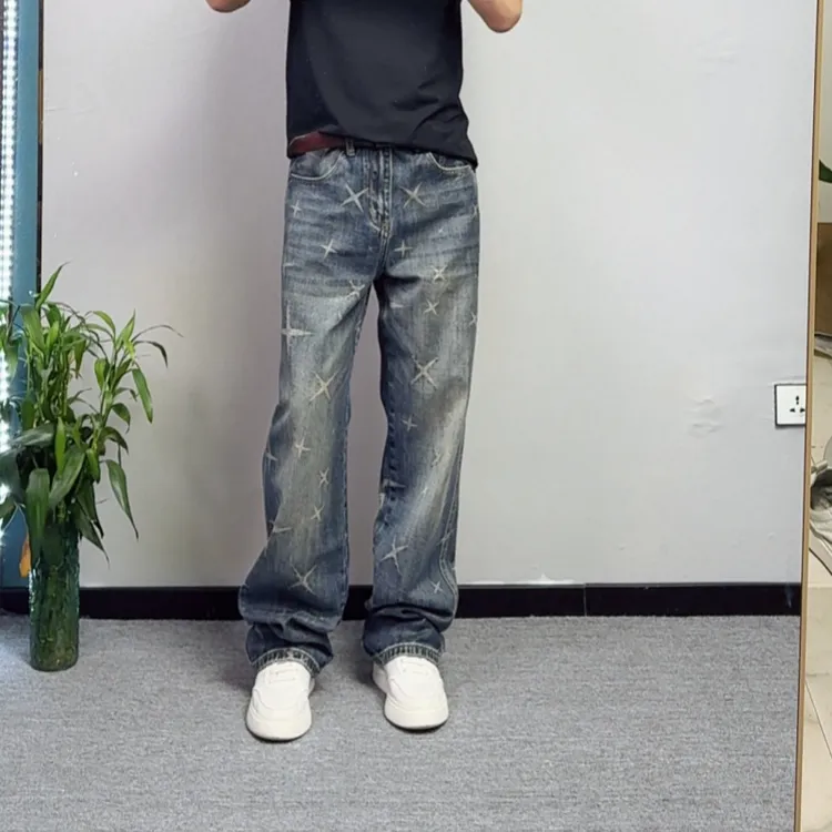 男士高端休闲牛仔裤做旧水洗秋季ins拉链美式提花高街复古宽松