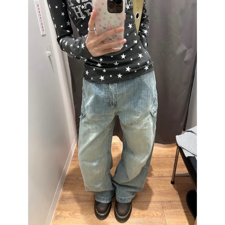 复古竹节纹高级感牛仔裤女2025冬季显瘦宽松遮跨垂感直筒阔腿裤子