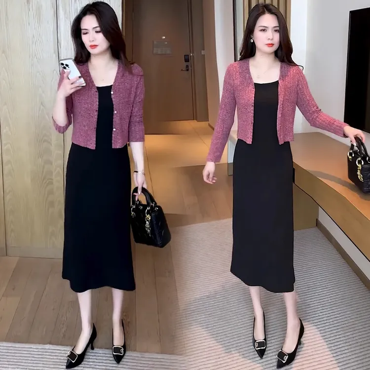时尚连衣裙套装女2025春秋新款洋气减龄针织开衫吊带裙显瘦两件套
