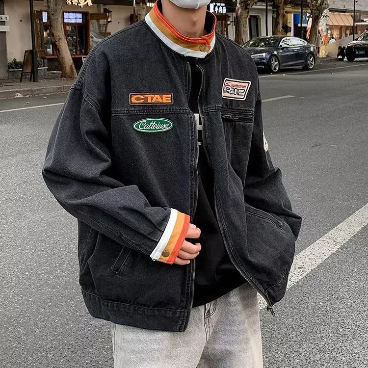 做旧刺绣机车牛仔外套男春秋季潮牌工装上衣复古美式宽松立领夹克