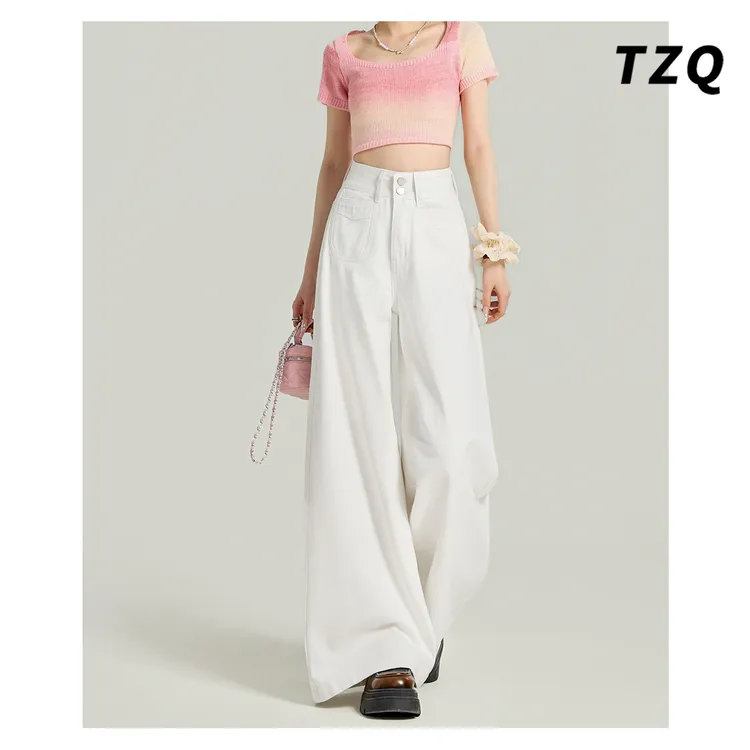 淘稚气白色牛仔裤女款爆款2025新款高腰显瘦小个子宽松直筒阔腿裤